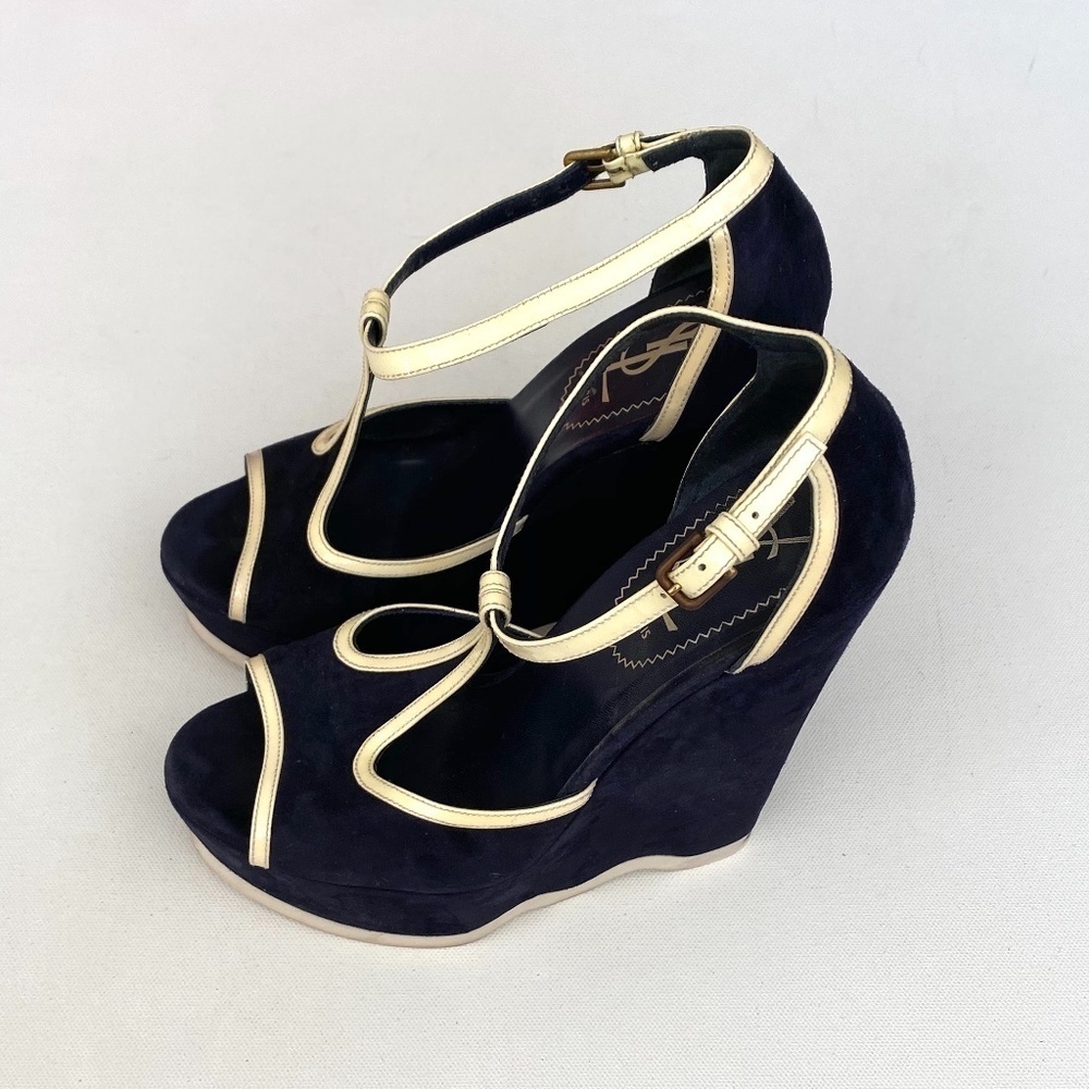 Yves Saint Laurent Navy Suede Wedges Size 36 - Picture 3 of 12